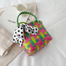Handmade Woven Plaid Basket Tote Women Silk Scarf Small Handbag (Green)