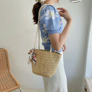 Summer Straw Woven Silk Scarf Messenger Bag Casual Women Vacation Large Handbags