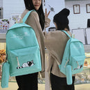 5pcs/set Cute Cat Canvas Bags Travel Backpack Shoulder Clutch Bag (Green)