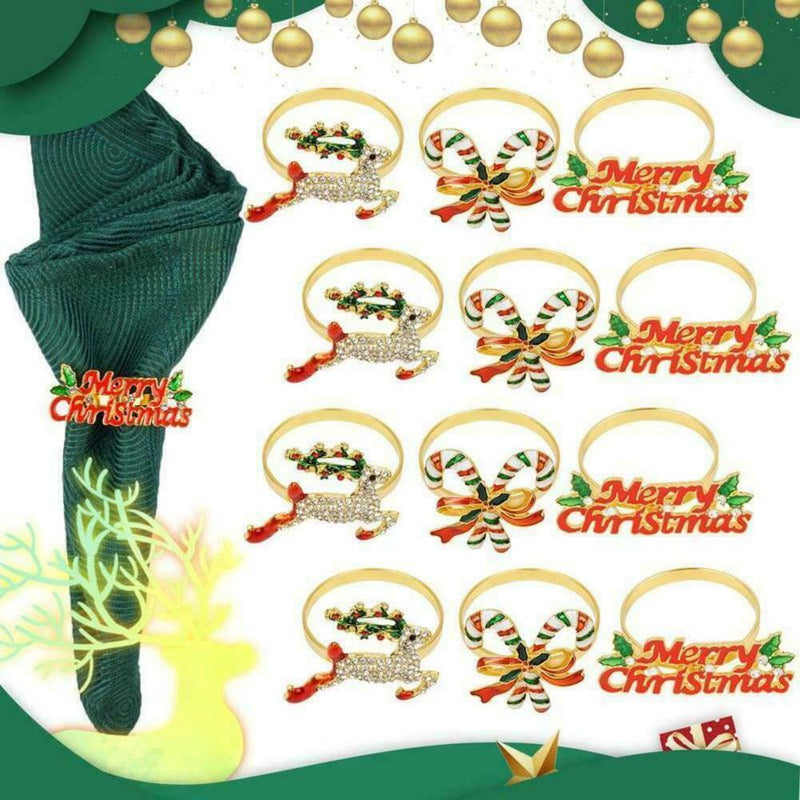 12pcs Christmas Elk Napkin Rings Napkin Holders Buckles Table Party Decor G4T8