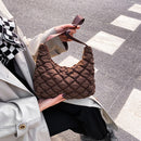Women Solid Color Zipper Shoulder Bag Grid Pattern Mini Shopping Underarm Bag