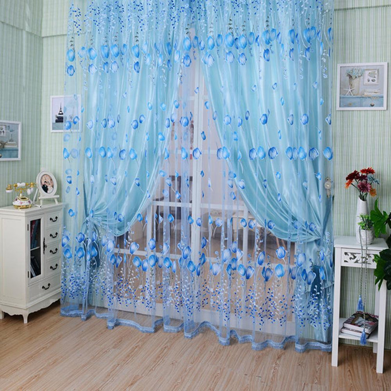 2pcs Tulip Flower Yarn Sheer Window Curtain Scarf Drapes (Green)