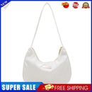 Women Nylon Solid Color Shoulder Bag Zipper Small Crescent Handbag (White)