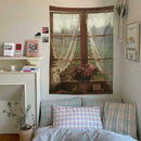 Rustic Microfiber Wide Tapestry Old Window and Flowers K3C6