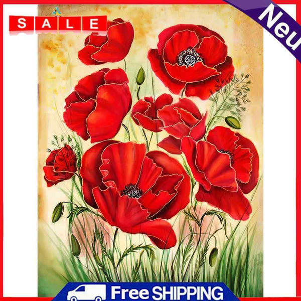 5D DIY Full Drill Round Shape Red Flower Rhinestone Diamond Drawing for Home