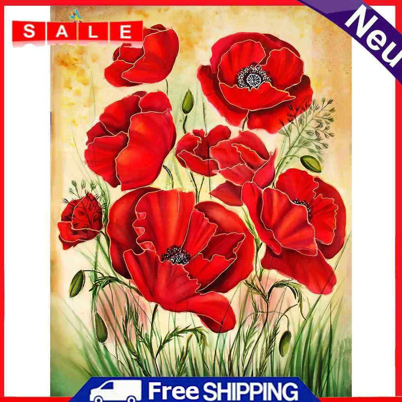 5D DIY Full Drill Round Shape Red Flower Rhinestone Diamond Drawing for Home
