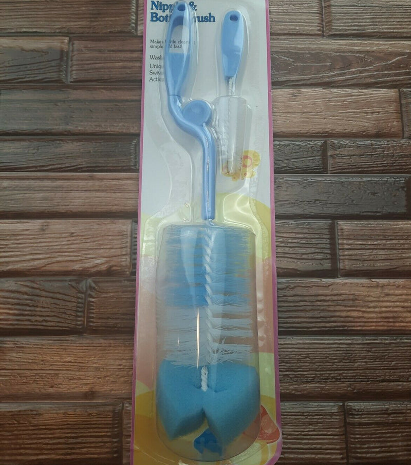 Blue Baby Bottle Brush 2pc Swiveling Action Nipple Cleaning Dishwasher Safe