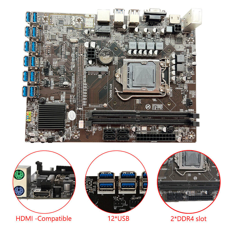 B250 BTC PCIE 1X to USB3.0 Mining Motherboard with SATA2.0 Cable Miner Boar