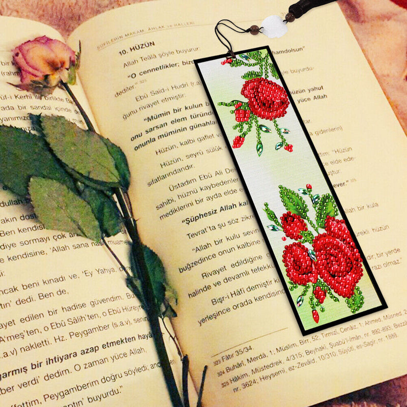 Tassel Red Flowers Leather DIY Special Shape Diamond Painting Bookmark Art Craft