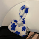 Retro Women Flower Print Shoulder Underarm Bag Winter Plush Purse (Blue)