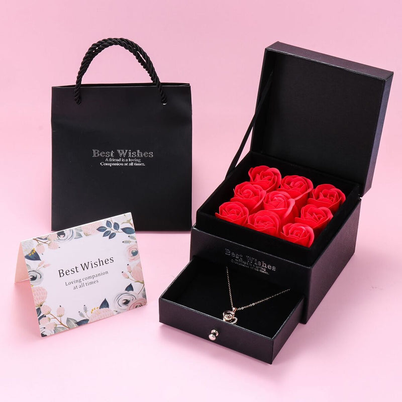 Xmas Eternal Preserved Rose with Projection Necklace Handmade Flower Gift Box