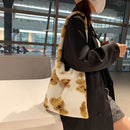 Women Plush Fur Flower Pattern Handbag Large Underarm Bag (Light Brown)