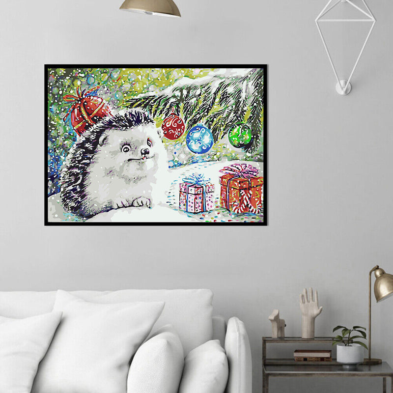 Frameless Hand Painted Picture DIY Snowing Hedgehog Painting By Numbers Craft