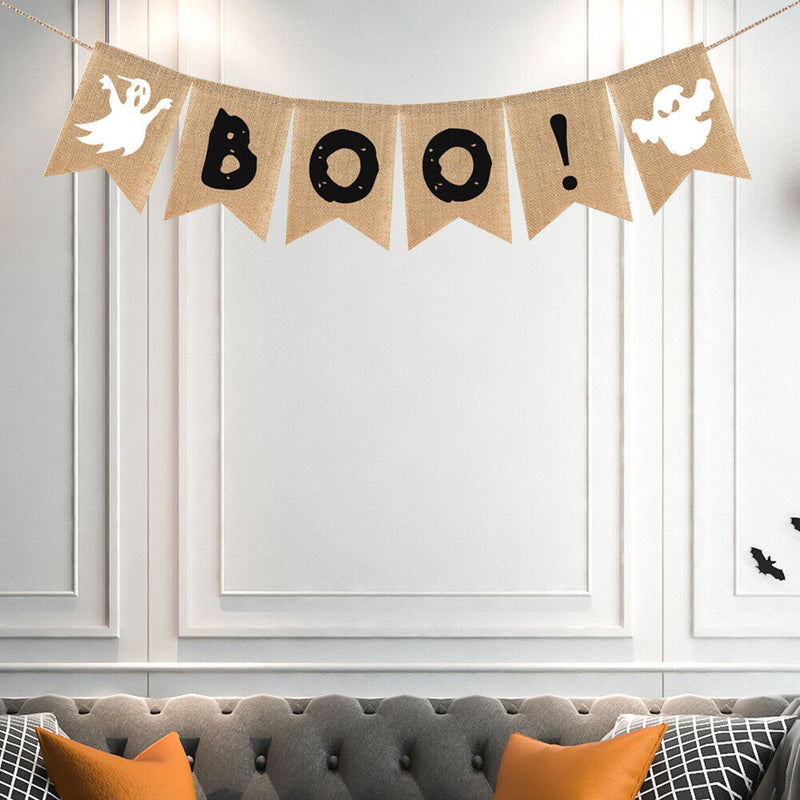 #A BOO Halloween Linen Pull Flag for Party Hanging Fireplace Decorations Bunting