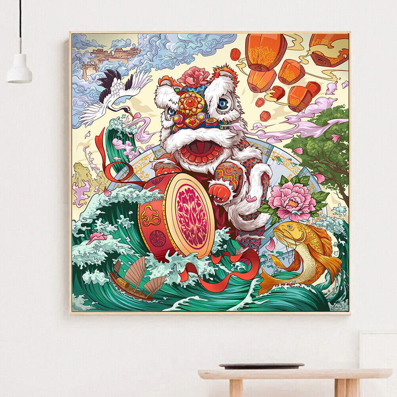 Lion Dance 5D Diamond Painting DIY Full Round Drill Kit Rhinestone Craft