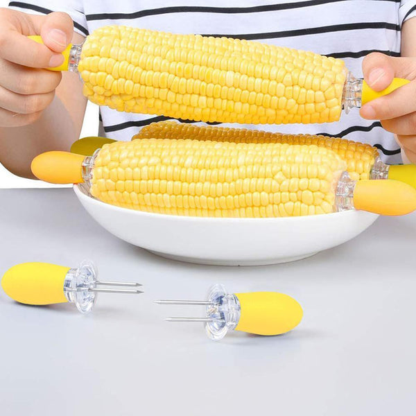 Steel Corn BBQ Forks Outdoor Party Kitchen Tool Yellow T3W8