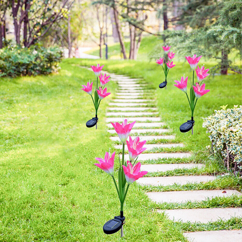 4 Head Lily Flower Solar Light Colorful LED Lawn Lamp Outdoor Light (Red) Newly