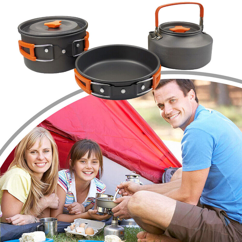 3pcs/set Portable Kettle Pot Frying Pan Tableware Outdoor Camp Hiking Cookwar