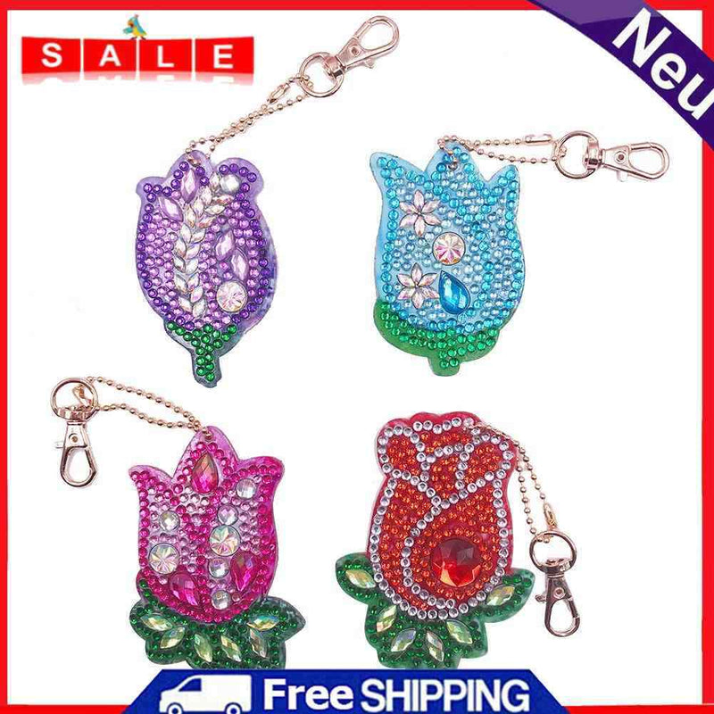 4pcs DIY Flowers Full Drill Special Shaped Diamond Painting Bag Keychain Jewelry