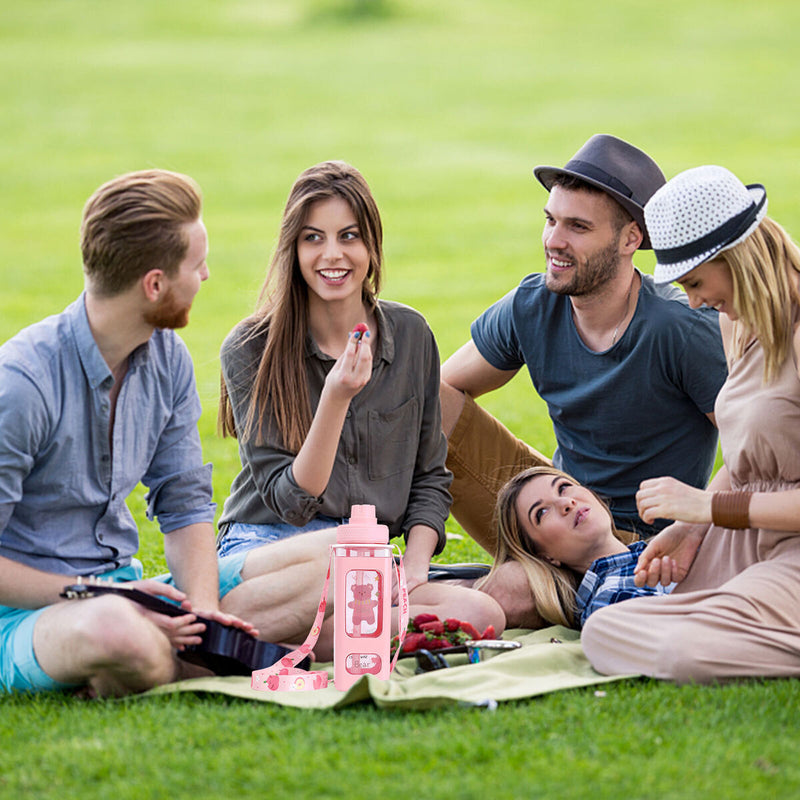 Water Bottle with Straw 700ml Drinking Bottle Square Cute Water Jug (Pink)