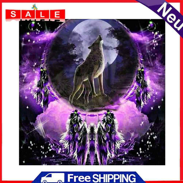 5D Rhinestone DIY Purple Wolf Dreamcatcher Full Round Drill Diamond Painting Kit