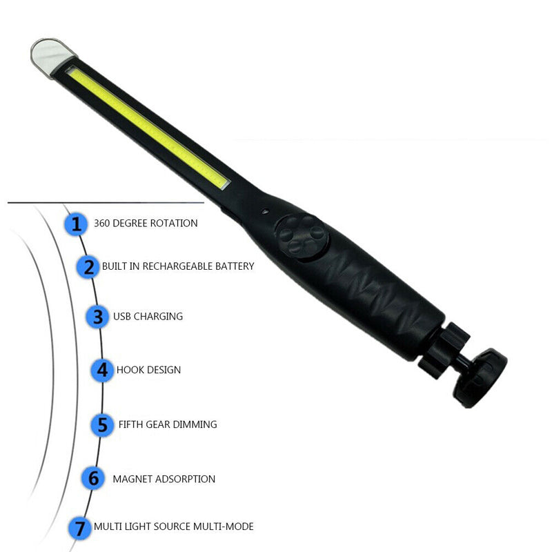 COB Flashlight USB Work Light Magnetic Hanging Hook Lamp with Built-in Battery