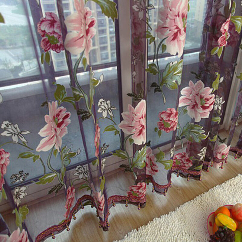 Window Curtain Flower Print Sheer Pattern Voile Valances Wine 100x250cm