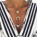 Fashion Multilayer Necklace Geometric Round Cow Head Horn Pendant Chains