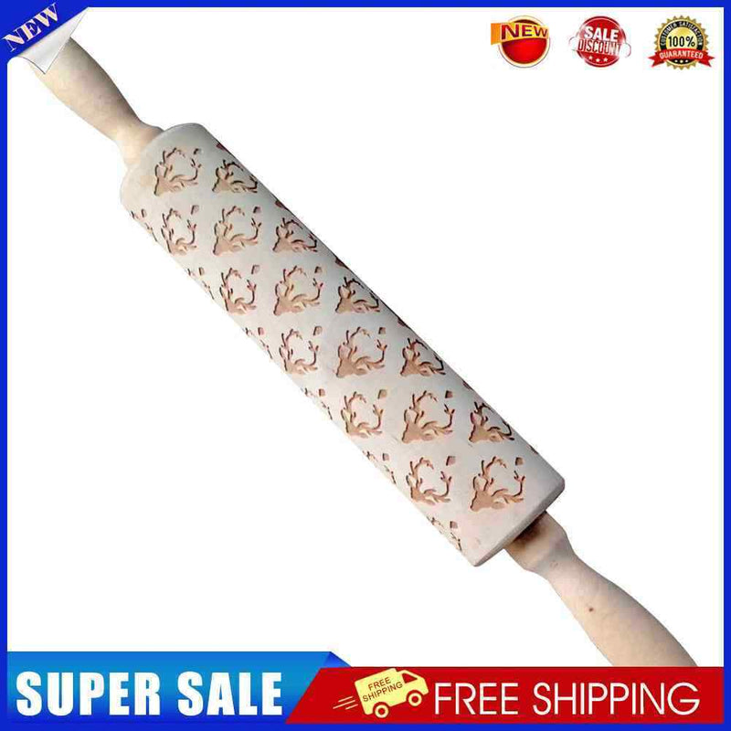 Wooden Elk Print Embossed Rolling Pins Embossing Baking Cookies Biscuit Fondant