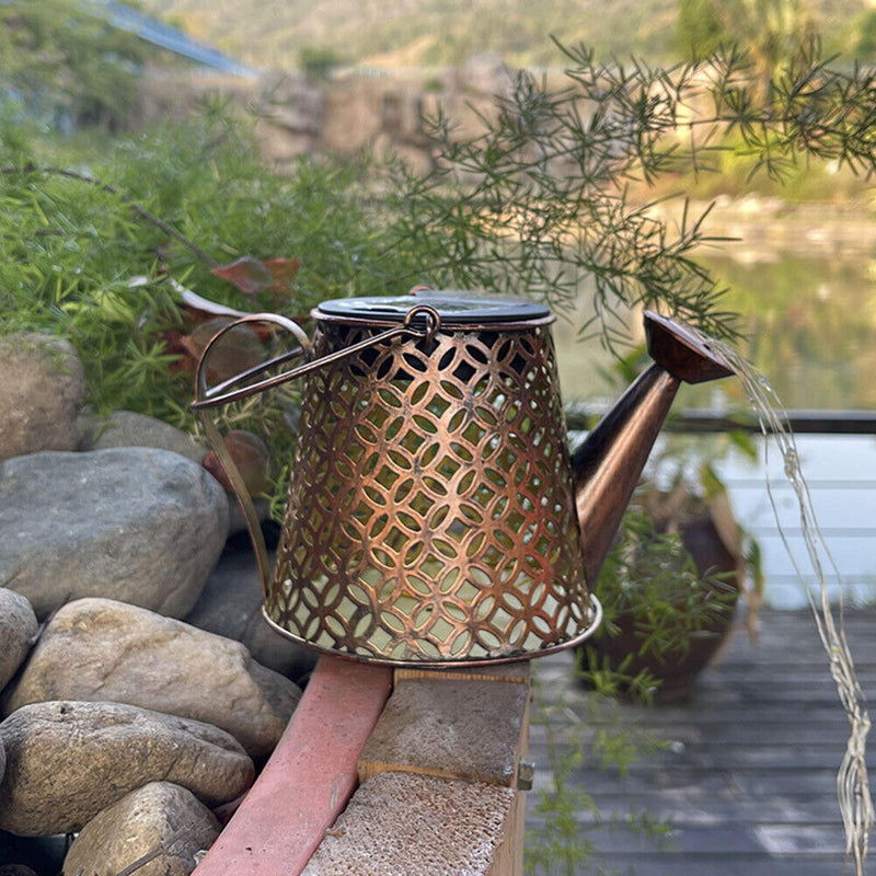 LED Solar Watering Can Lamp Garden Shower Art Metal Iron Kettle Light (D)