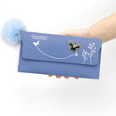 Women PU Flap Wallet with Plush Ball Lady Butterfly Coin Purse (Blue)