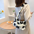 Women Retro Flower Print Hit Color Shoulder Bag Winter Plush Messenger Bags