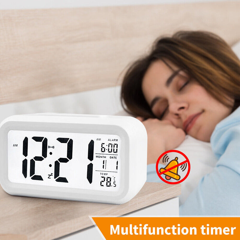 Temperature Alarm Clock LED Digital Backlight Calendar Snooze Clock (White)