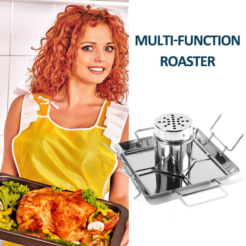 Stainless Steel BBQ Chicken Roaster Tray Oven Roasting Pan Barbecue Grill R