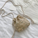 Straw Shoulder Satchel Bags Women Lace Flower Decor Drawstring Crossbody Handbag