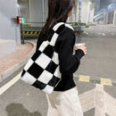 Autumn Winter Plush Grid Print Shoulder Bag Women Casual Hit Color Dead Handbags