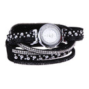 Duoya Leather Bracelet Watch Rhinestone Quartz Bracelet Watch (Black)