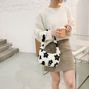Women Plush Flower Print Shoulder Bag Female Winter Warm Fabric Shopping Bags