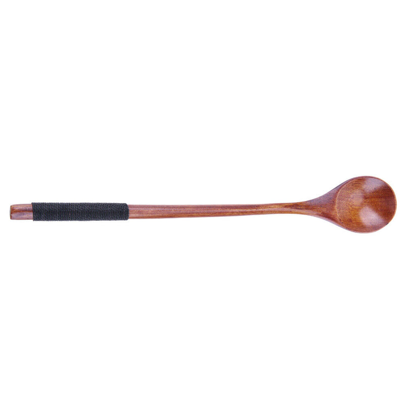 Long Handle Wooden Spoon Dessert Coffee Stirring Spoon(Brown)(Black thread)