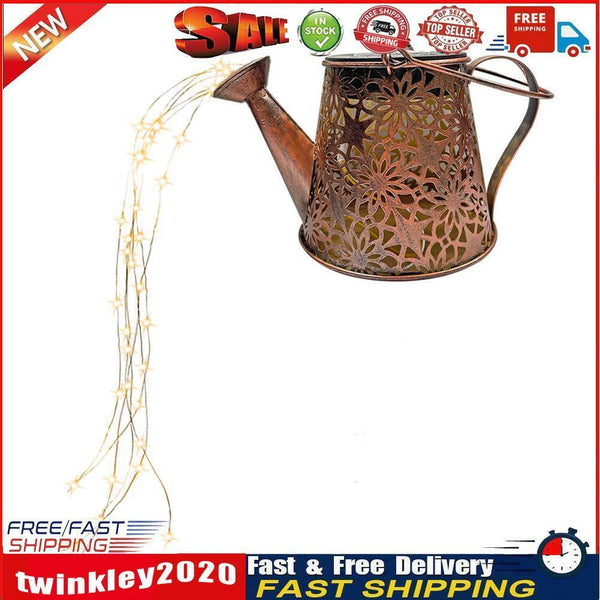LED Solar Watering Can Lamp Garden Shower Art Metal Iron Kettle Light (B) Newly