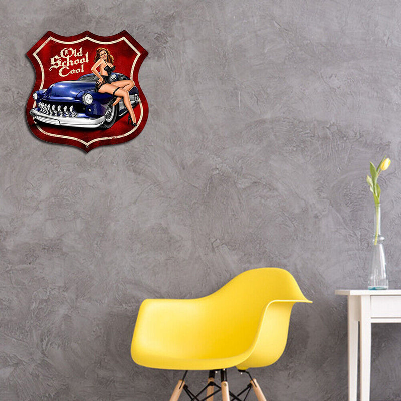 Sexy Car Lady Metal Tin Sign for Bar Pub Decorative Iron Painting Shield Shape