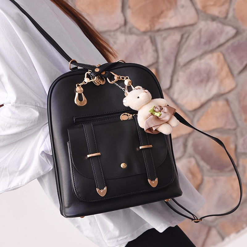 Women Student Preppy Style Cute Bear Pendant Bookbag Backpack(Black)