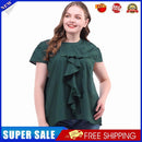 Solid Tops Women Ruffle O-neck Cup Sleeve Plus Size T-shirts (Green XXL)