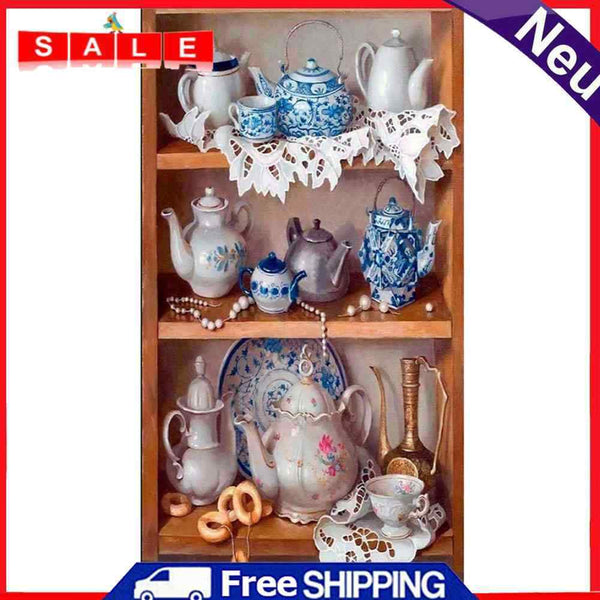 Kettles on Shelf Oil Paint By Numbers DIY Craft Coloring Drawing Home Decoration