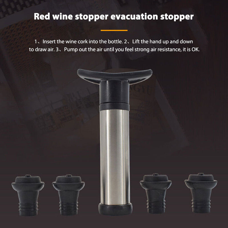 Stainless Steel Vacuum Bottle Wine Saver Pump with 4 Stoppers Sealing Bottles