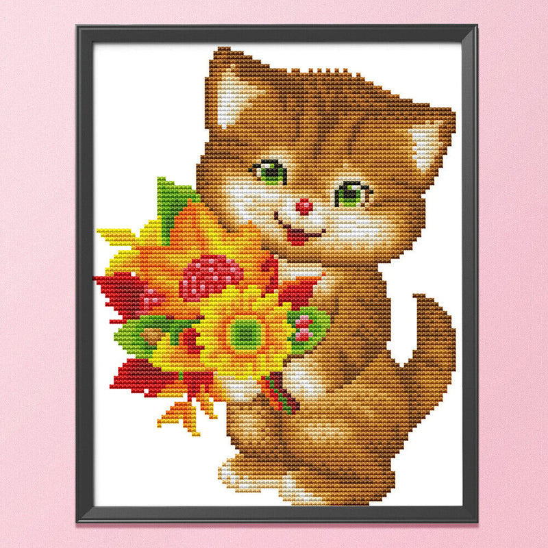 14CT Counted Cross Stitch Kits DIY Sunflower Cat Embroidery Home Needlework
