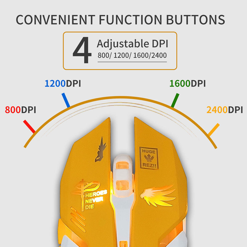 Computer Mouse, USB Wired 6 Buttons 2400dpi Optical Gaming Mice (Yellow)