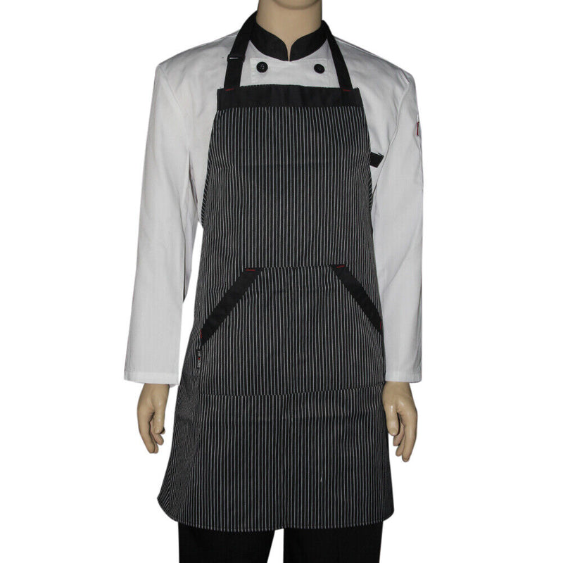 Universal Unisex  Stripe Bib Apron with  Pockets Chef Cook Tool Coffee B