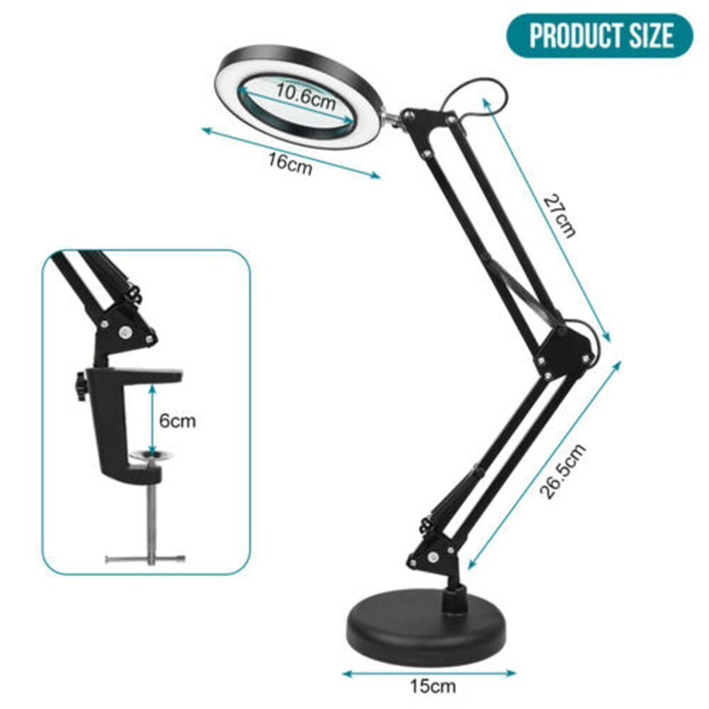 with Base& Clamp LED Lamp Black Desk Light Magnifier Magnifying Glass 10X