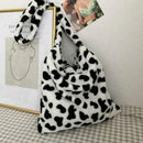 Retro Cow Print Plush Women Fashion Big Capacity Shoulder Bag D2N8 F0E8